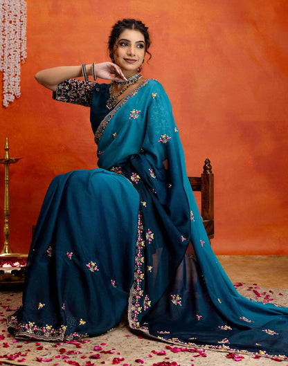 Teal Blue Shimmer Embroidery Saree