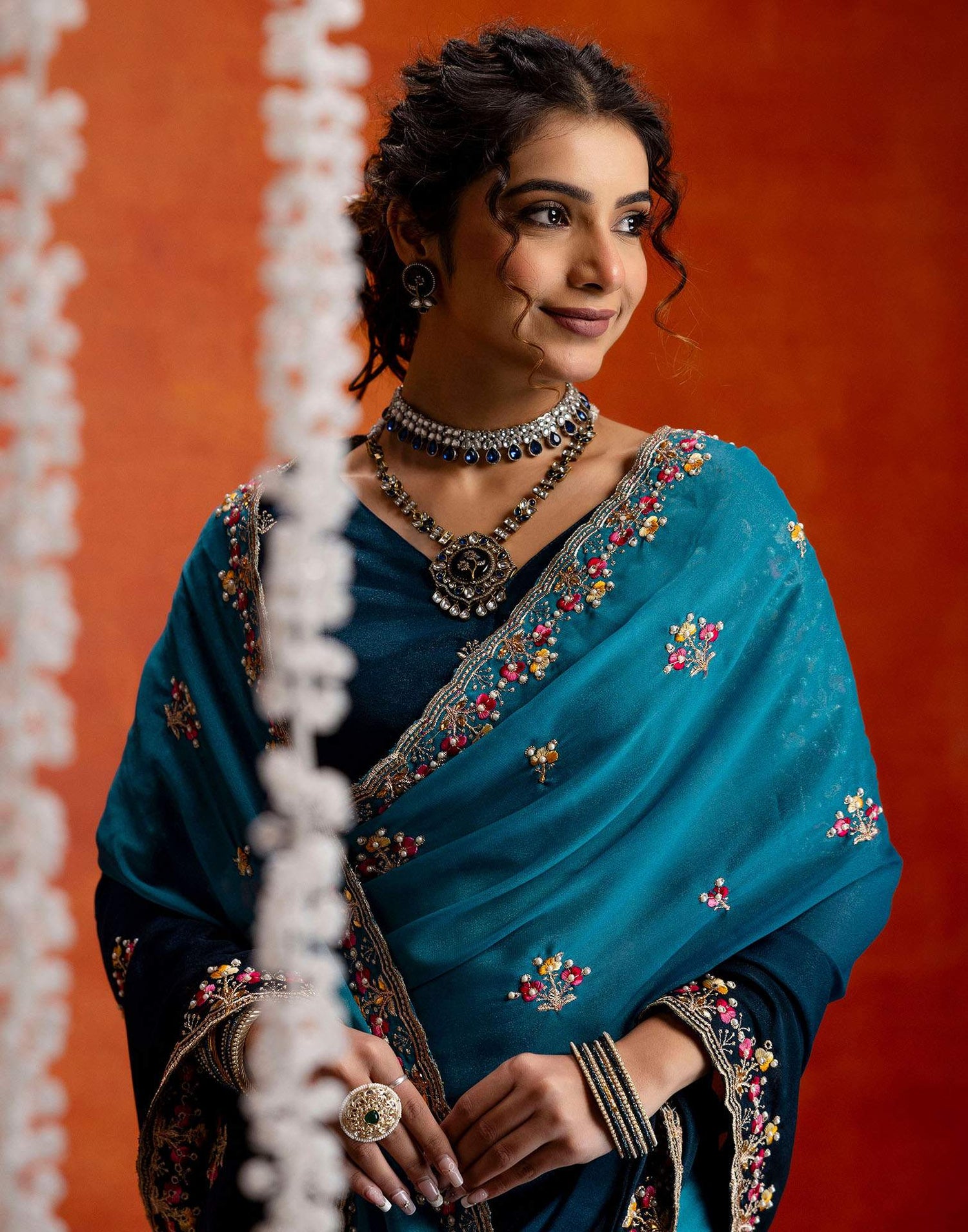 Teal Blue Shimmer Embroidery Saree