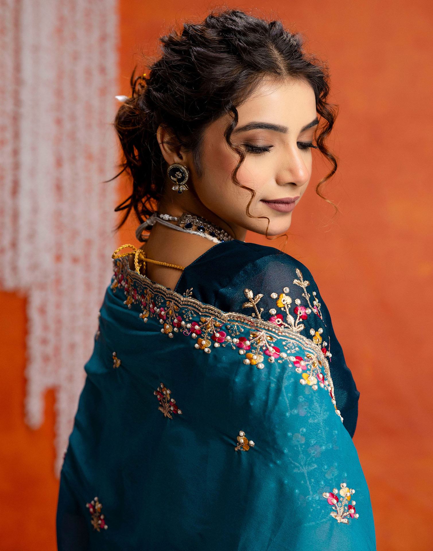 Teal Blue Shimmer Embroidery Saree