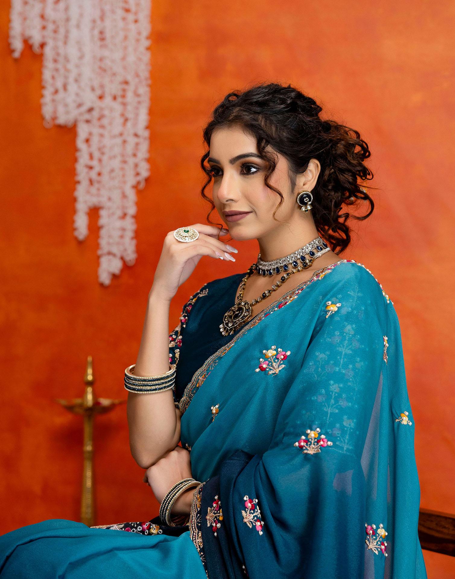 Teal Blue Shimmer Embroidery Saree