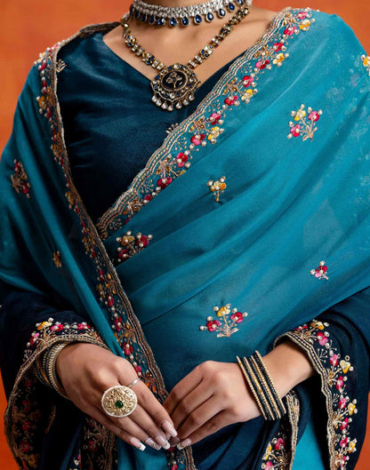 Teal Blue Shimmer Embroidery Saree