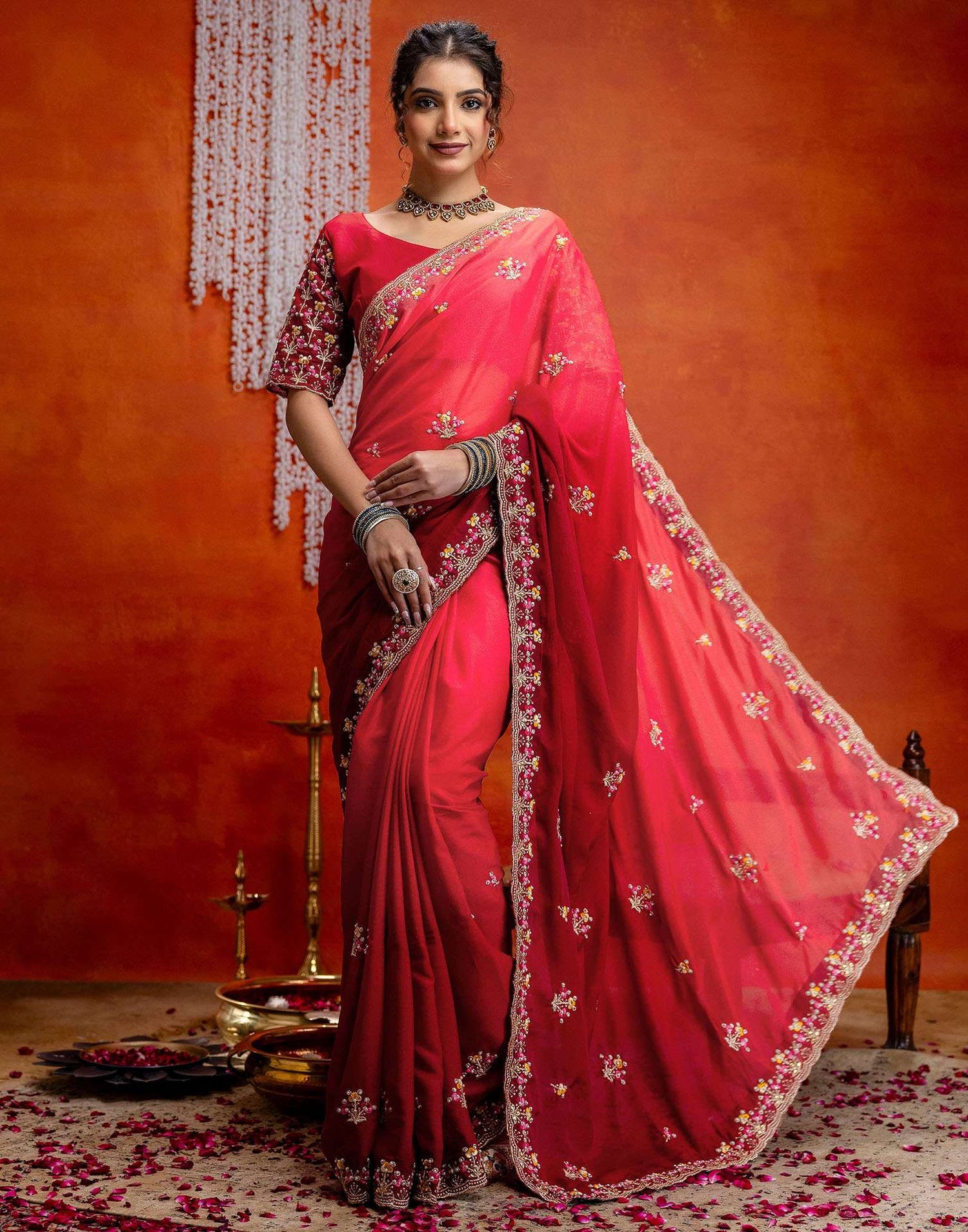 Red Shimmer Embroidery Saree