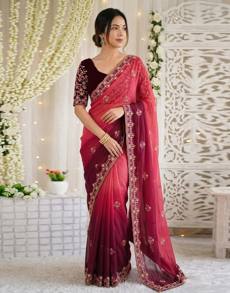 Red Shimmer Embroidery Saree
