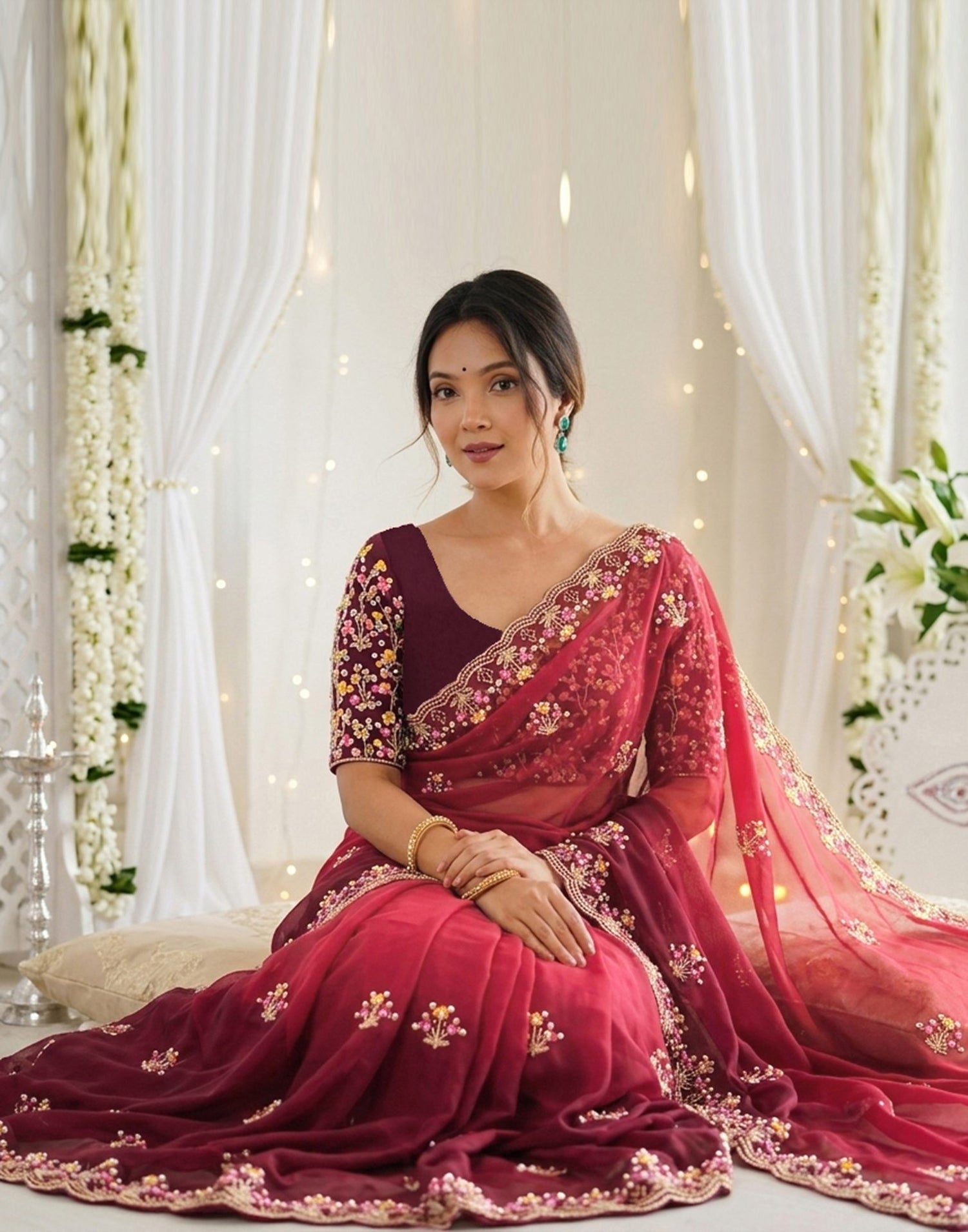 Red Shimmer Embroidery Saree