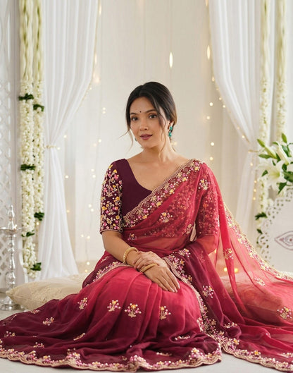 Red Shimmer Embroidery Saree
