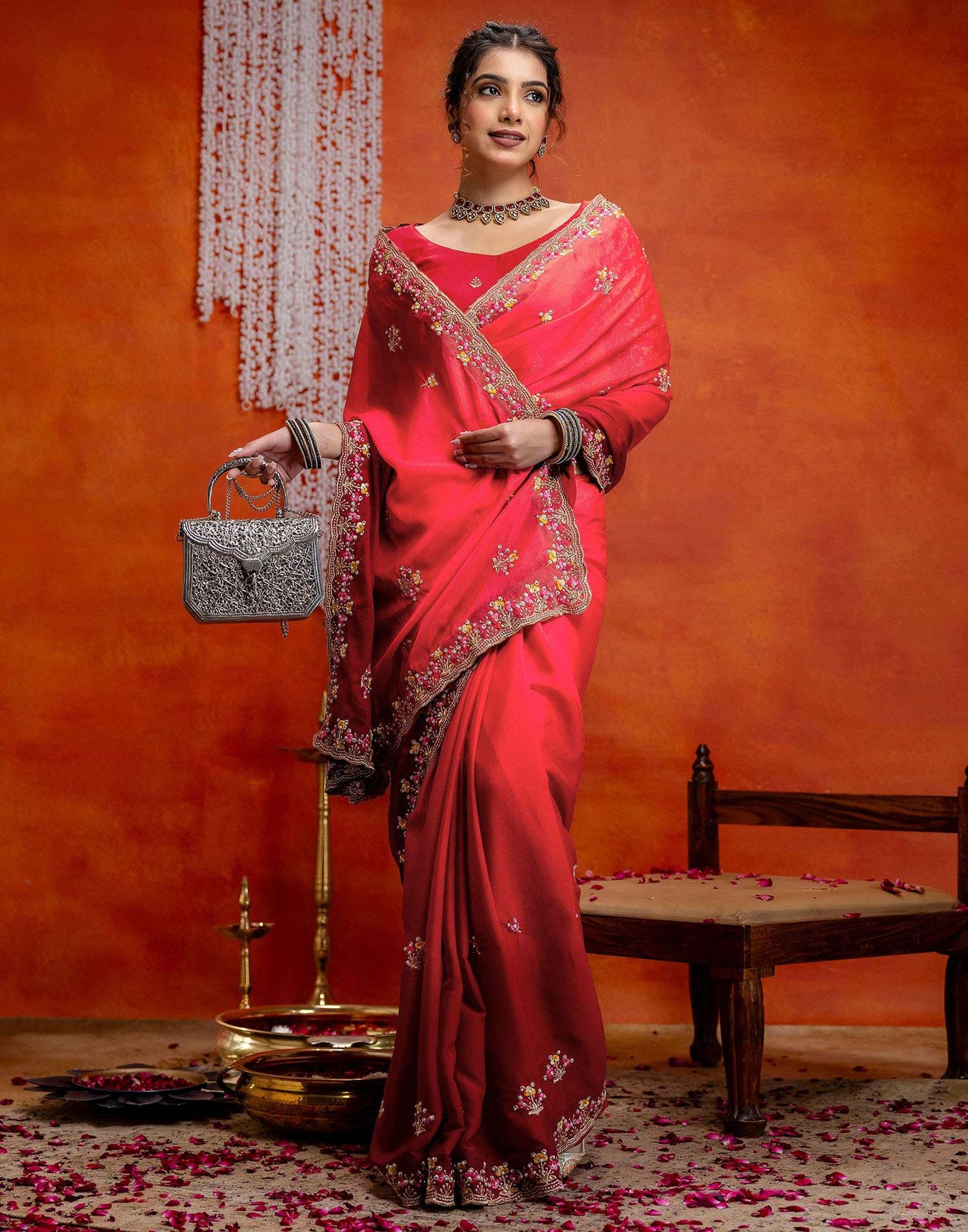 Red Shimmer Embroidery Saree