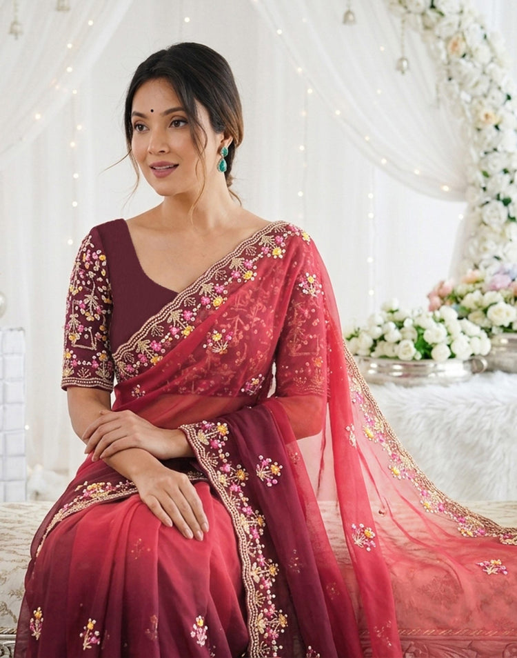 Red Shimmer Embroidery Saree