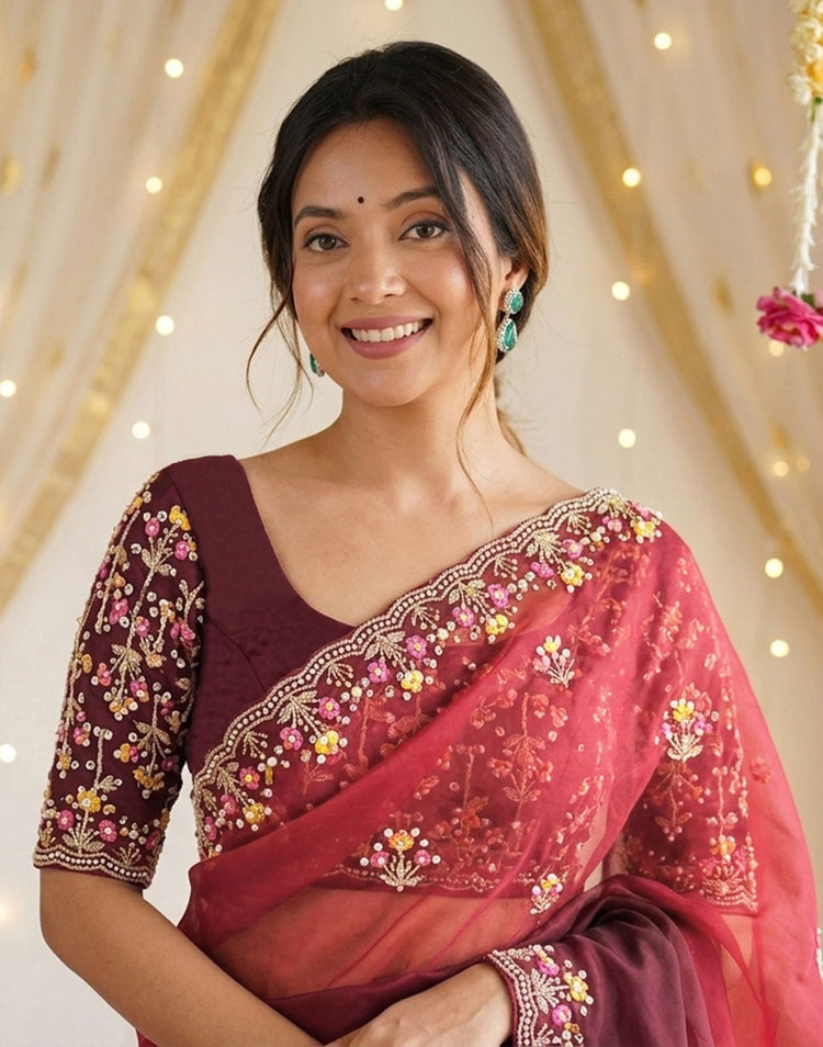 Red Shimmer Embroidery Saree