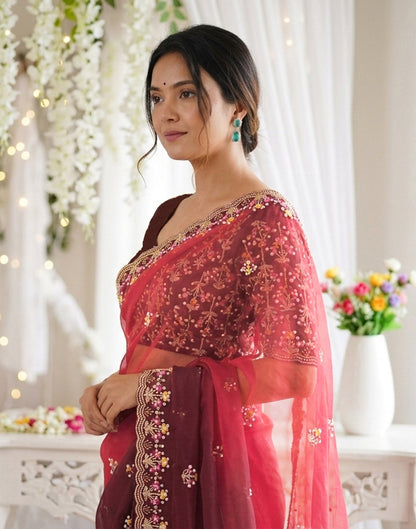 Red Shimmer Embroidery Saree