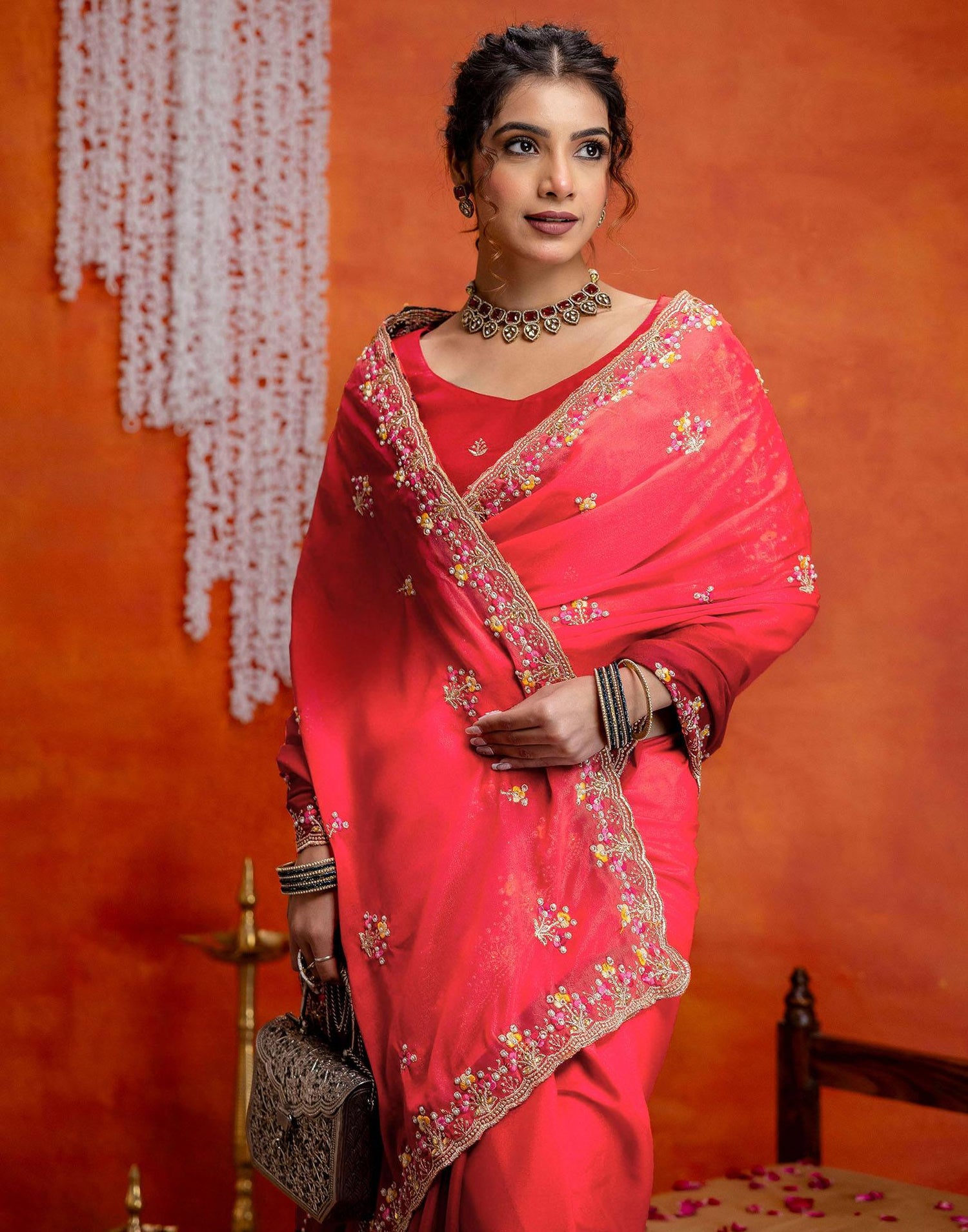 Red Shimmer Embroidery Saree