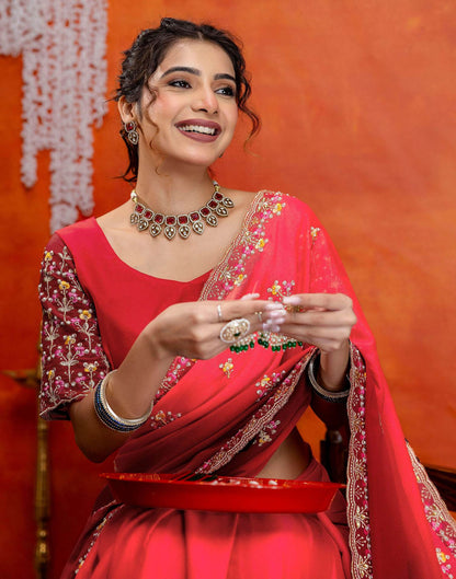 Red Shimmer Embroidery Saree