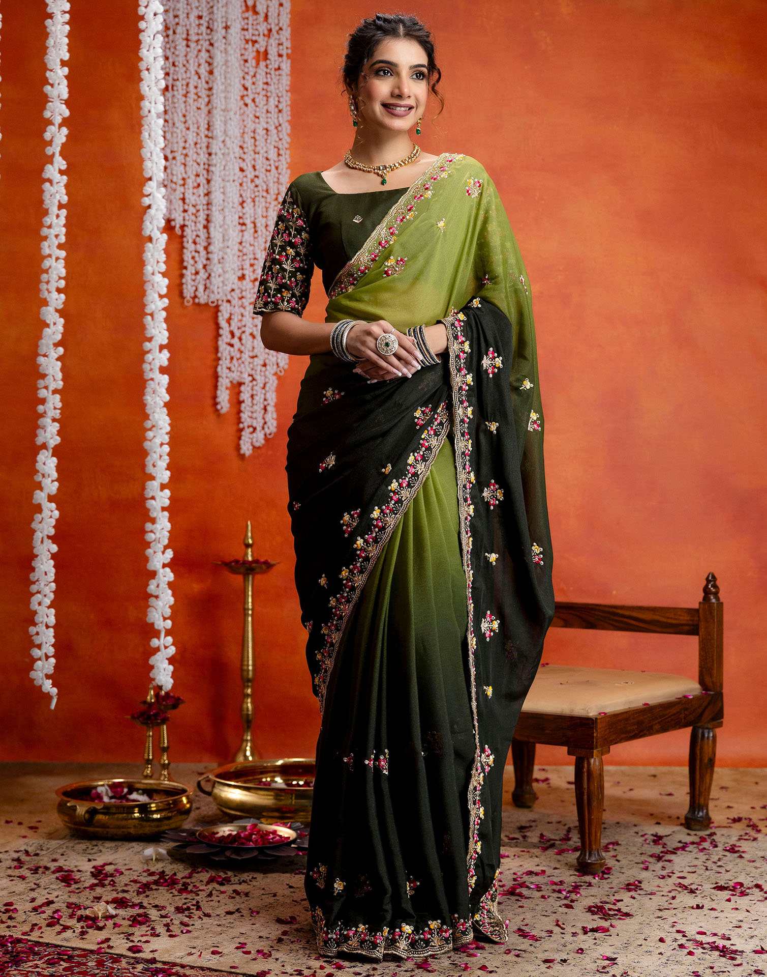 Mehndi Green Shimmer Embroidery Saree