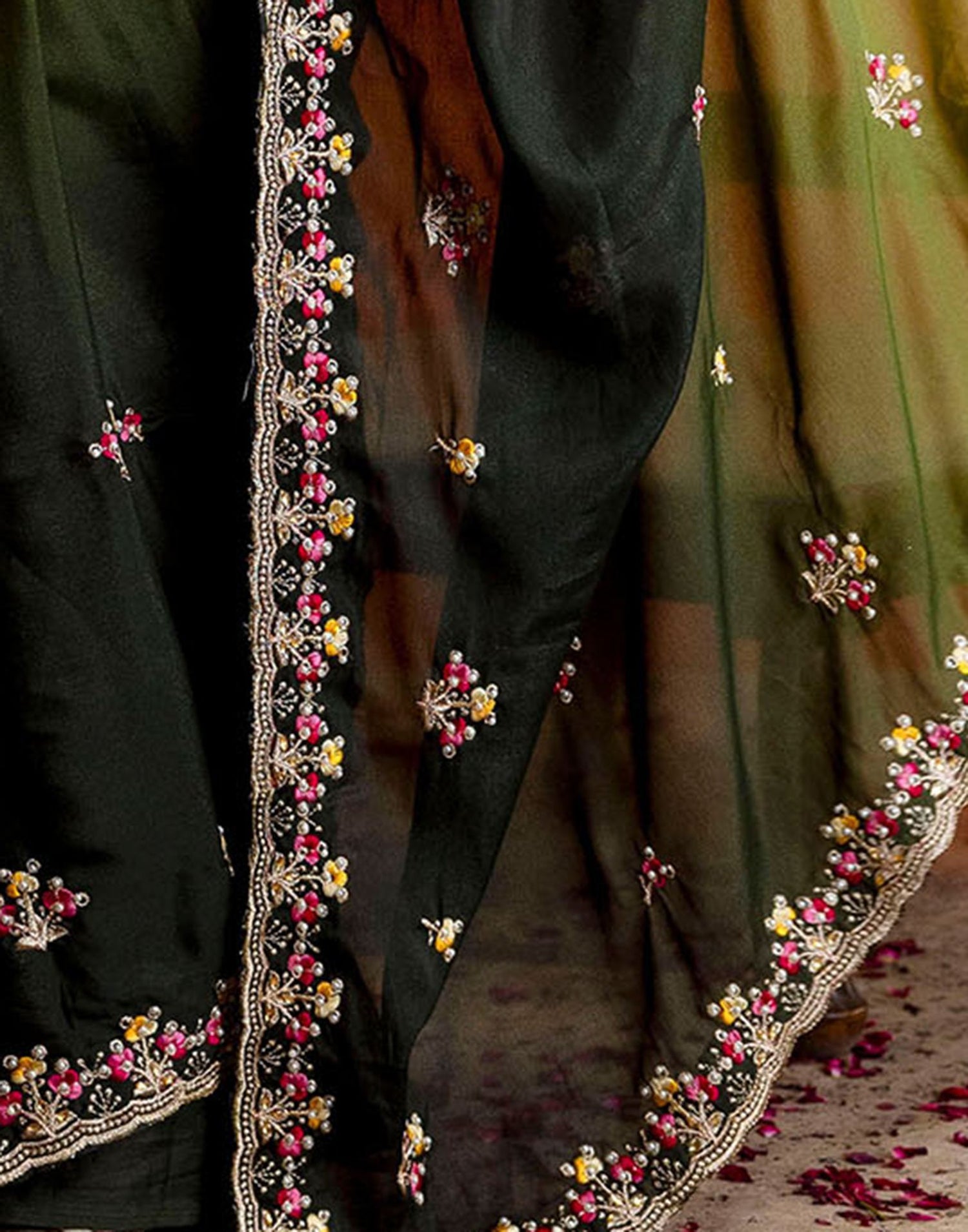 Mehndi Green Shimmer Embroidery Saree