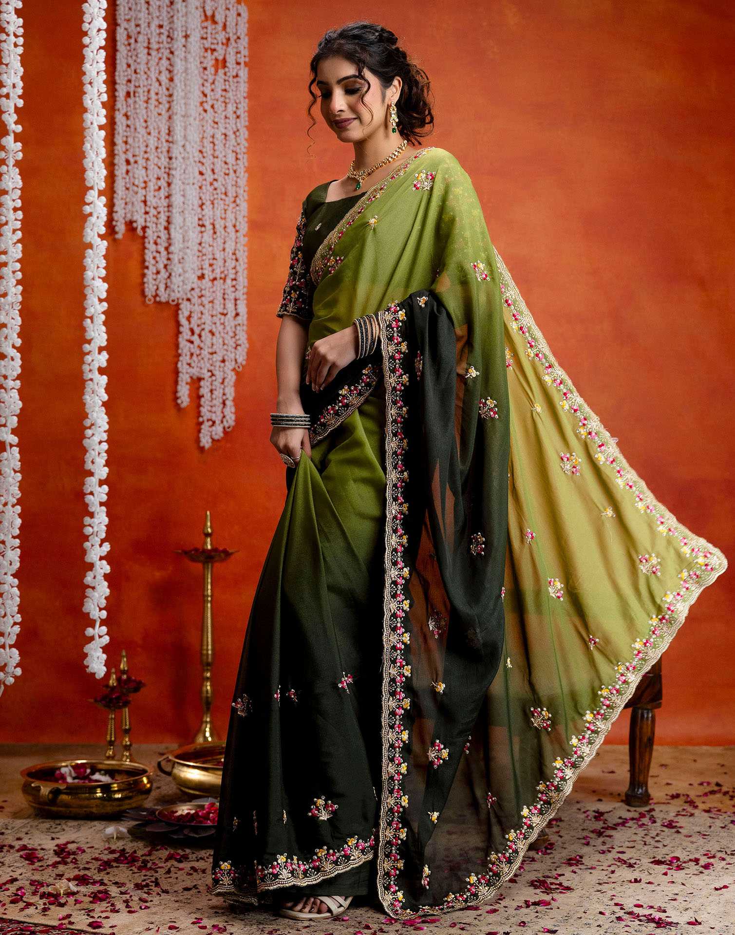 Mehndi Green Shimmer Embroidery Saree