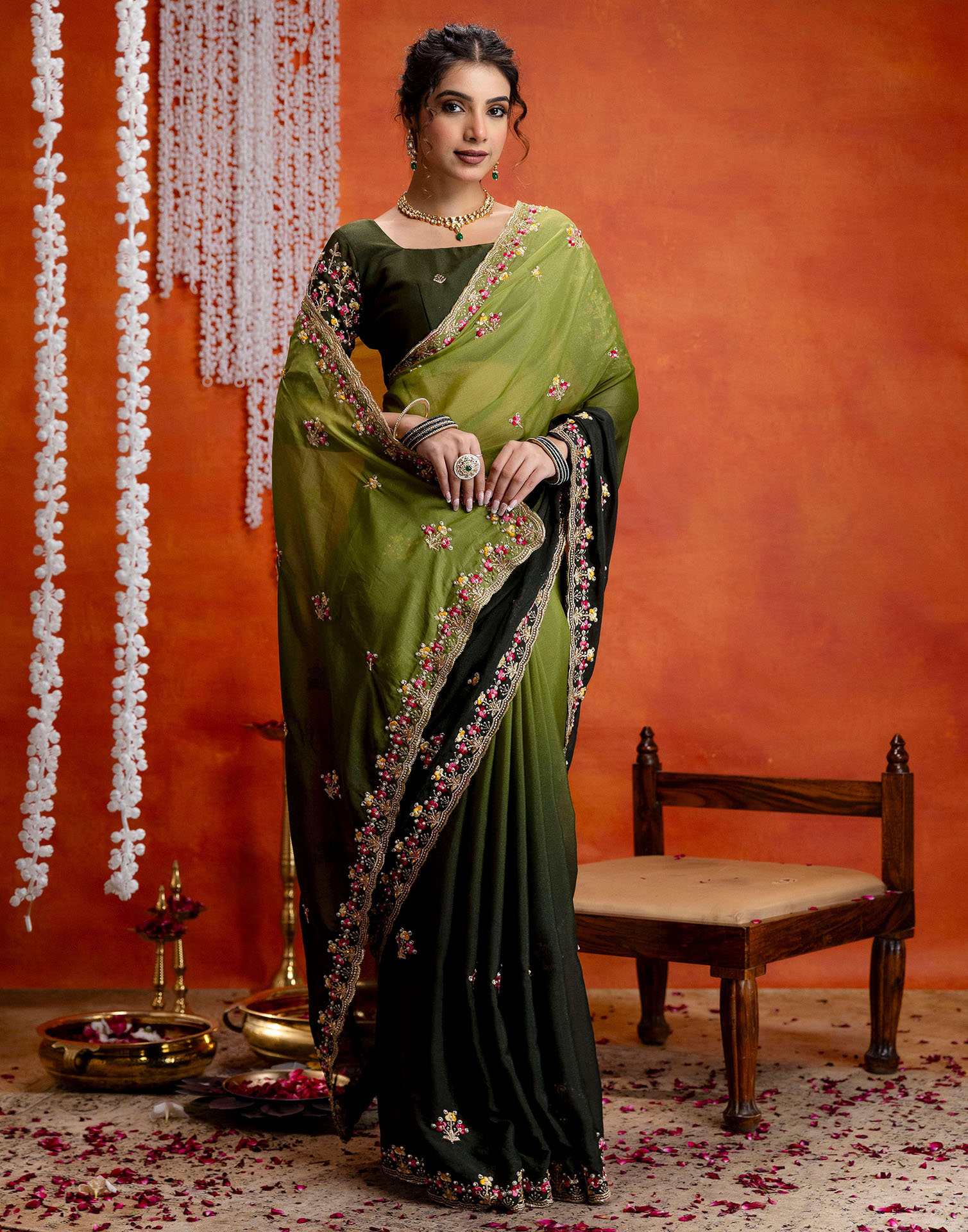 Mehndi Green Shimmer Embroidery Saree