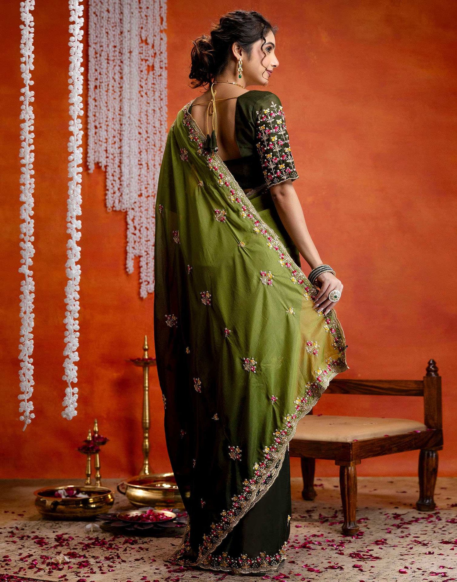 Mehndi Green Shimmer Embroidery Saree