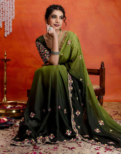 Mehndi Green Shimmer Embroidery Saree