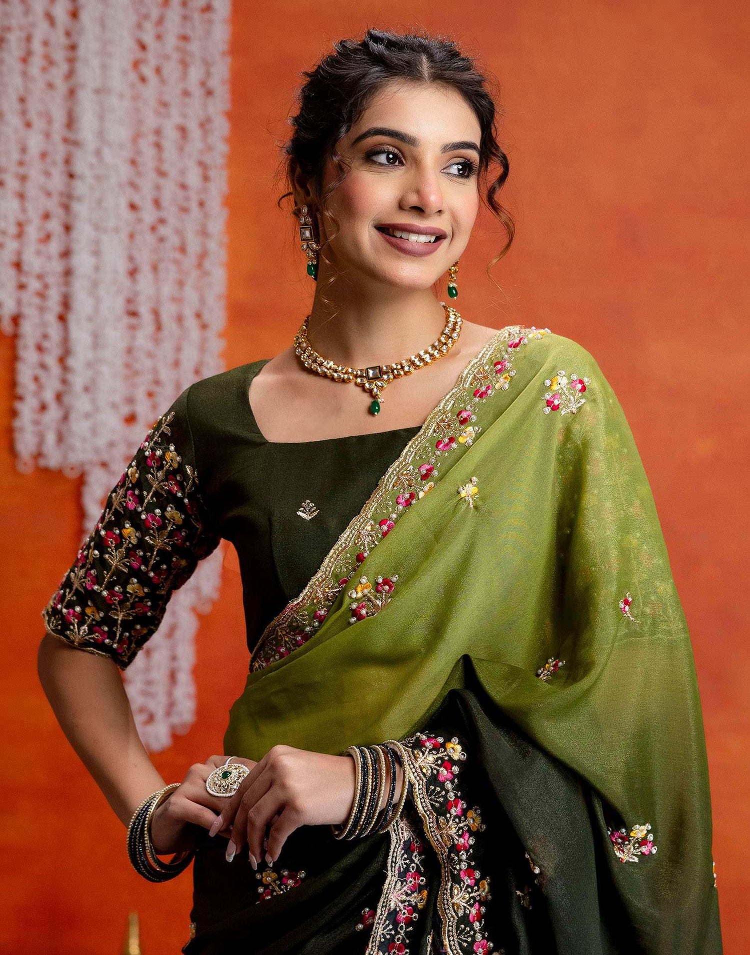 Mehndi Green Shimmer Embroidery Saree