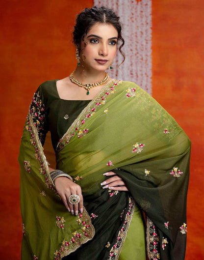 Mehndi Green Shimmer Embroidery Saree