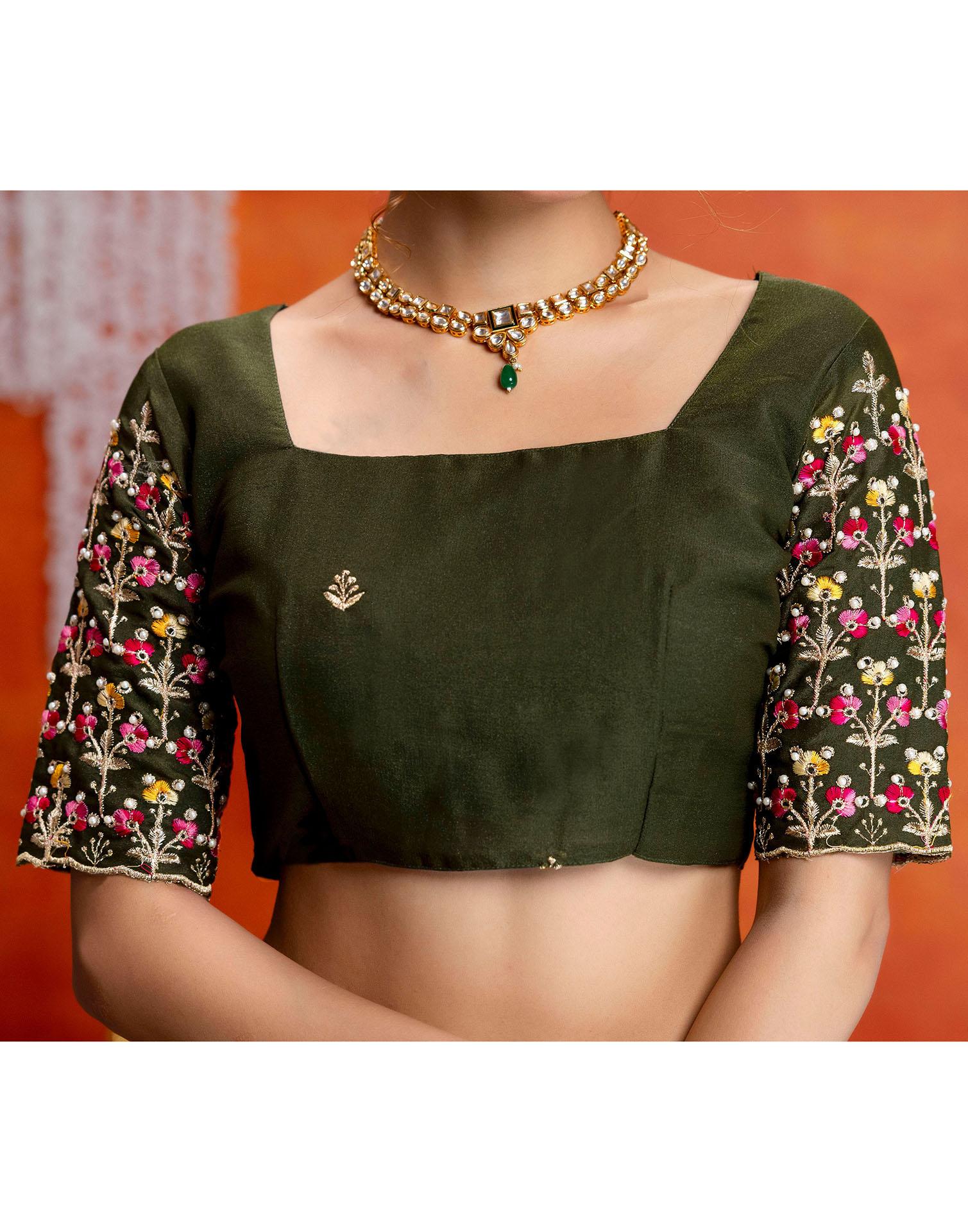 Mehndi Green Shimmer Embroidery Saree