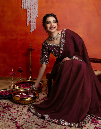 Maroon Shimmer Embroidery lace Saree