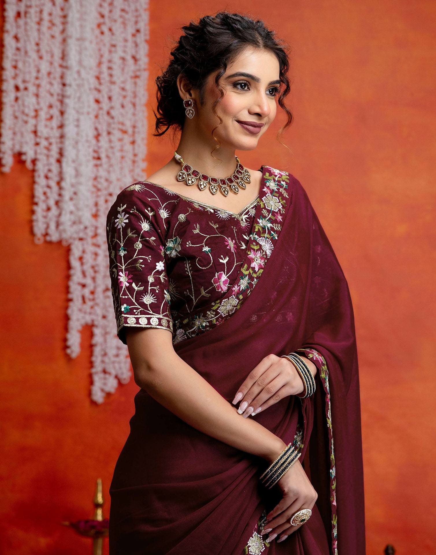 Maroon Shimmer Embroidery lace Saree