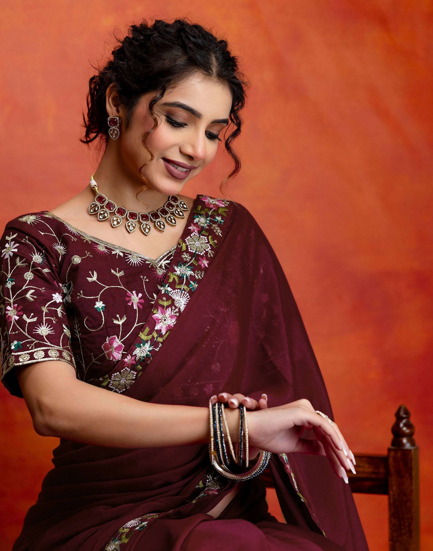 Maroon Shimmer Embroidery lace Saree