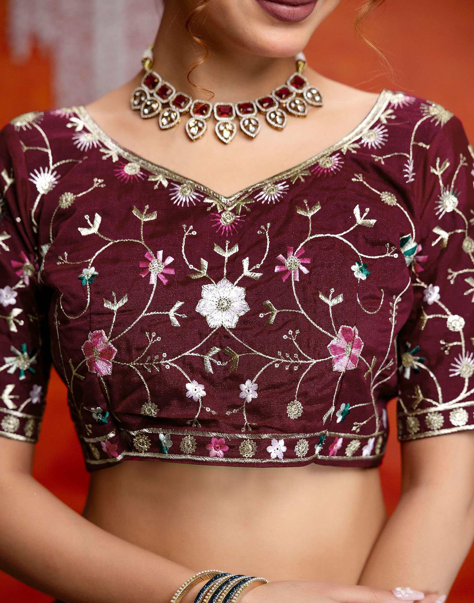 Maroon Shimmer Embroidery lace Saree