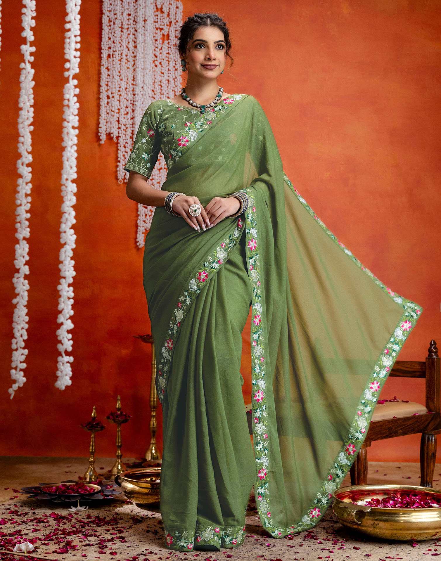 Pista Green Shimmer Embroidery lace Saree
