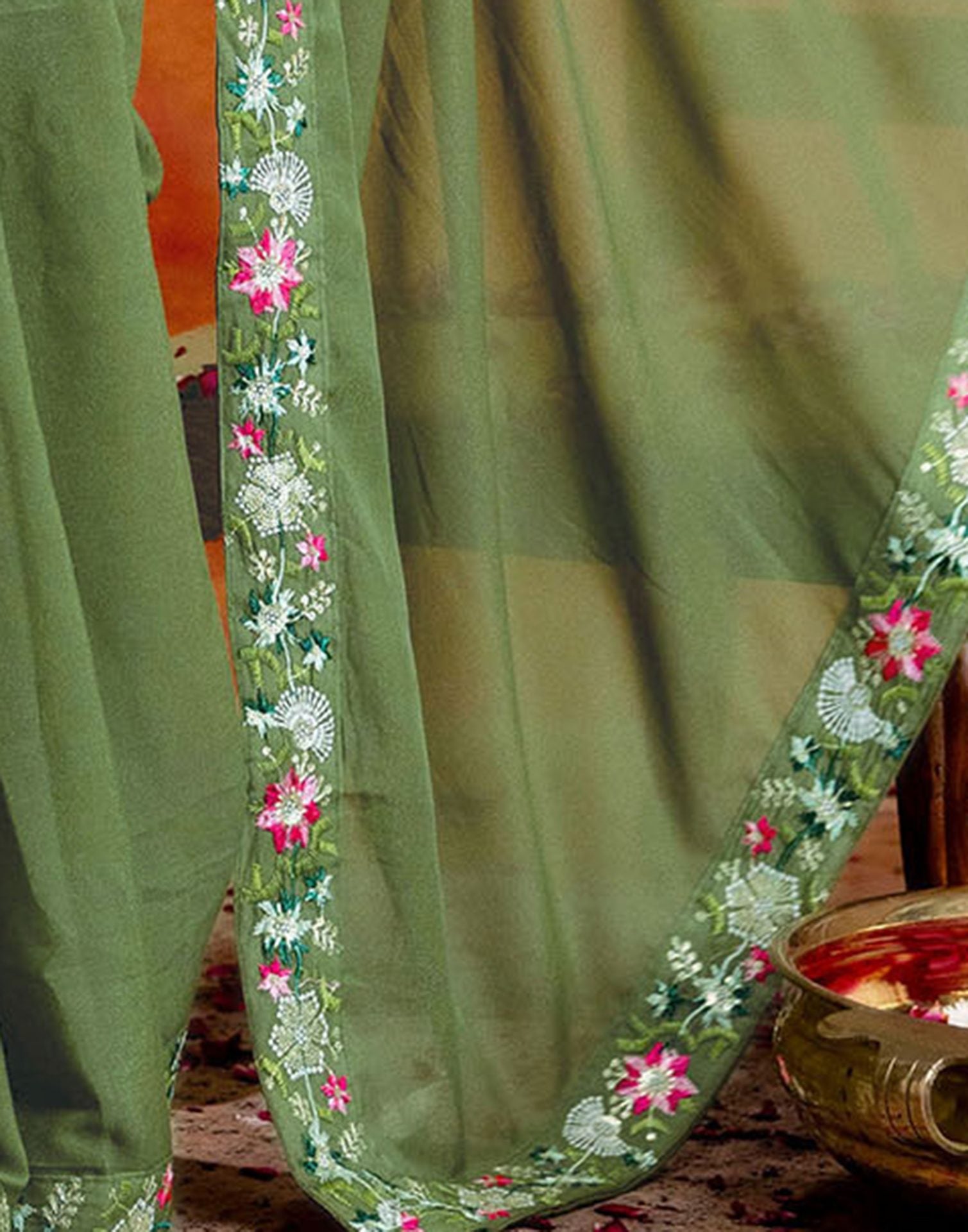 Pista Green Shimmer Embroidery lace Saree