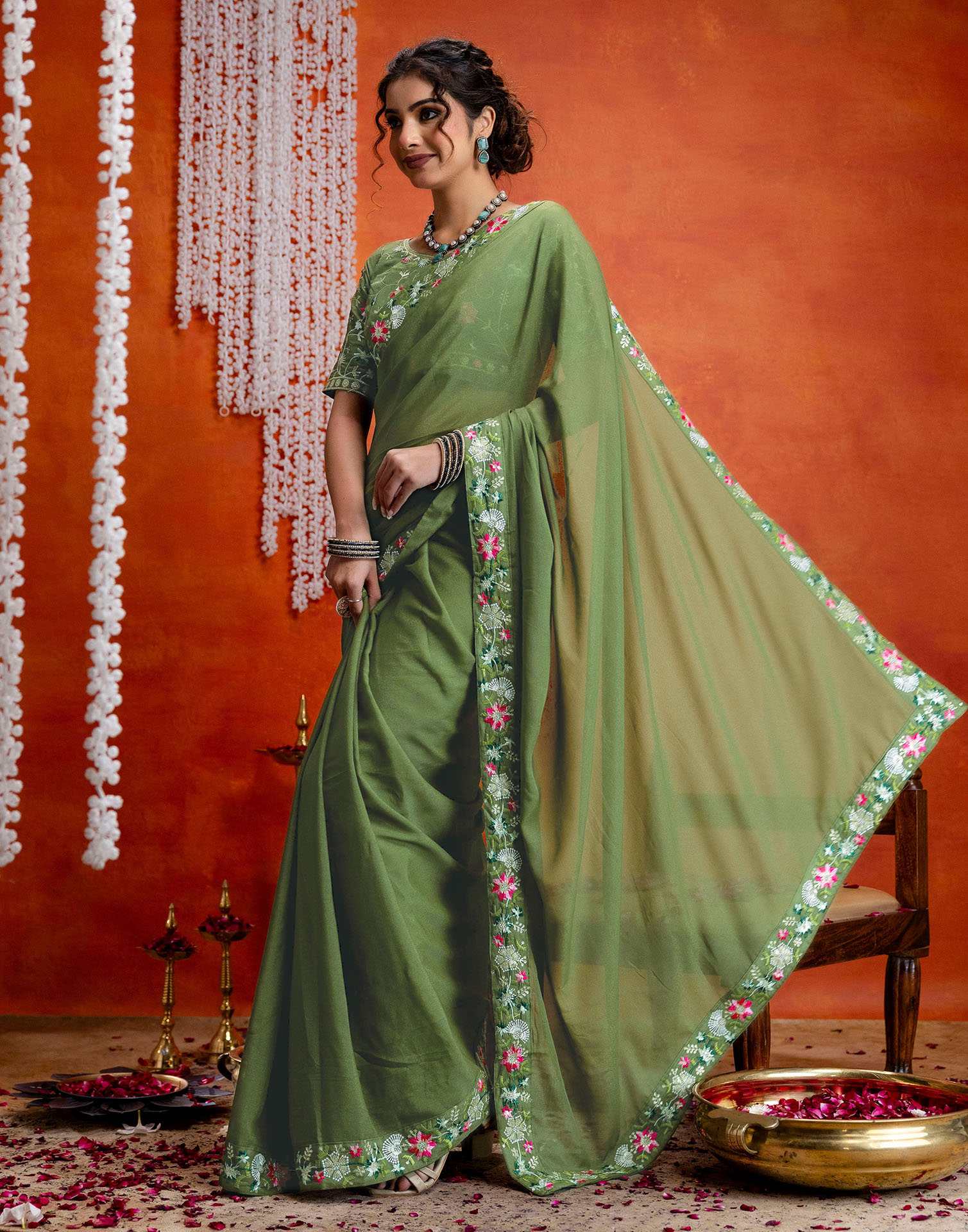 Pista Green Shimmer Embroidery lace Saree