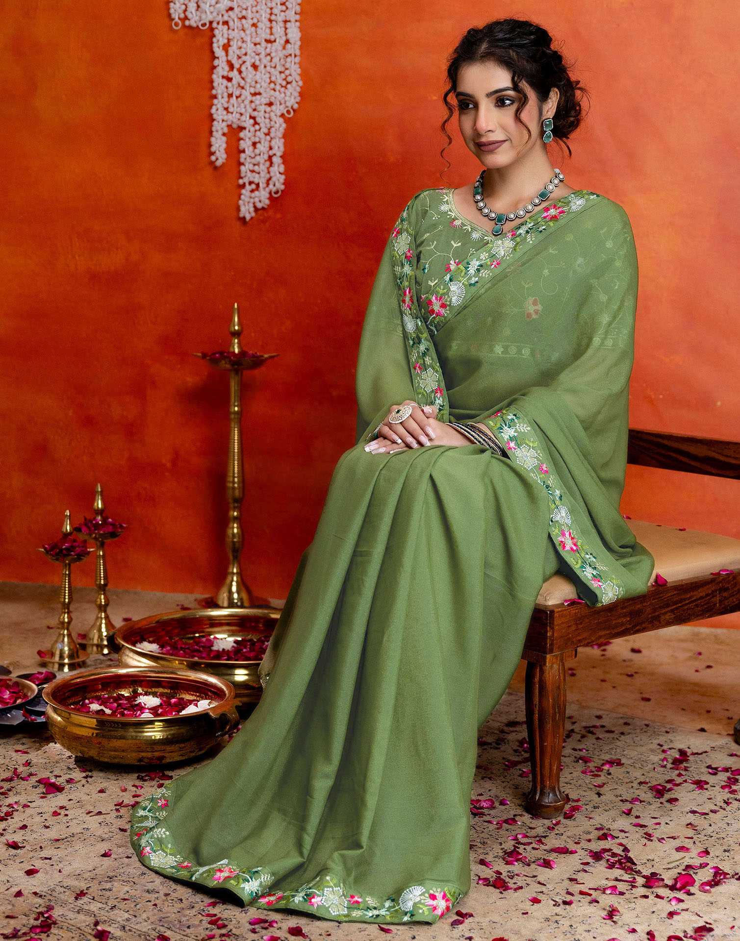 Pista Green Shimmer Embroidery lace Saree
