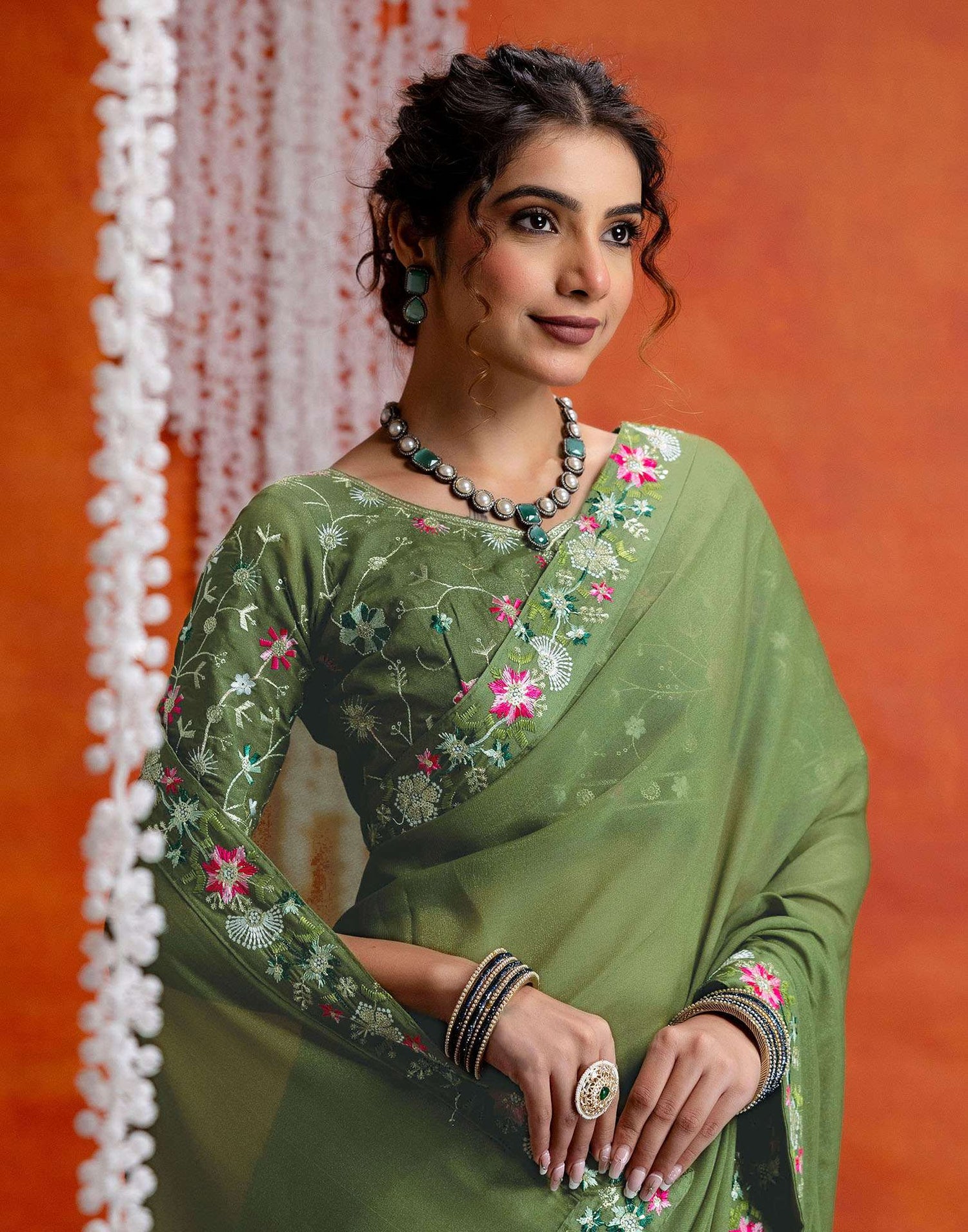 Pista Green Shimmer Embroidery lace Saree