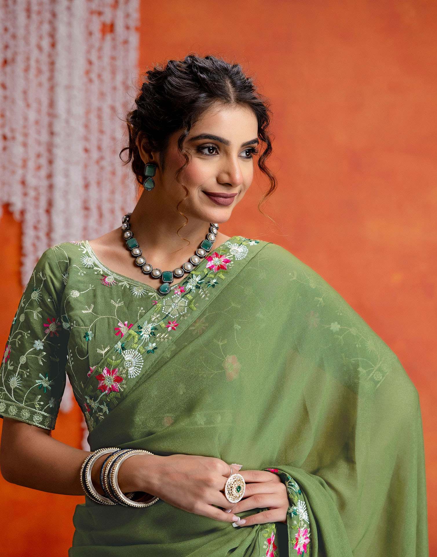 Pista Green Shimmer Embroidery lace Saree