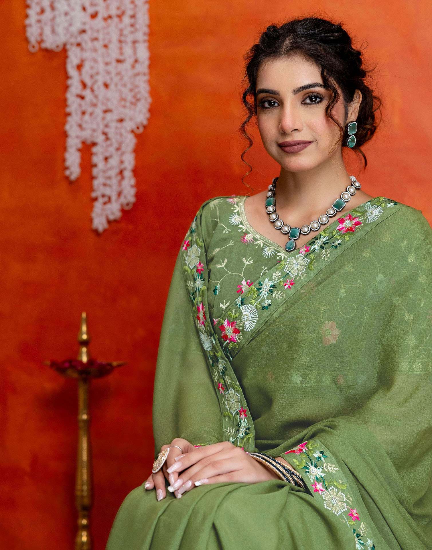 Pista Green Shimmer Embroidery lace Saree