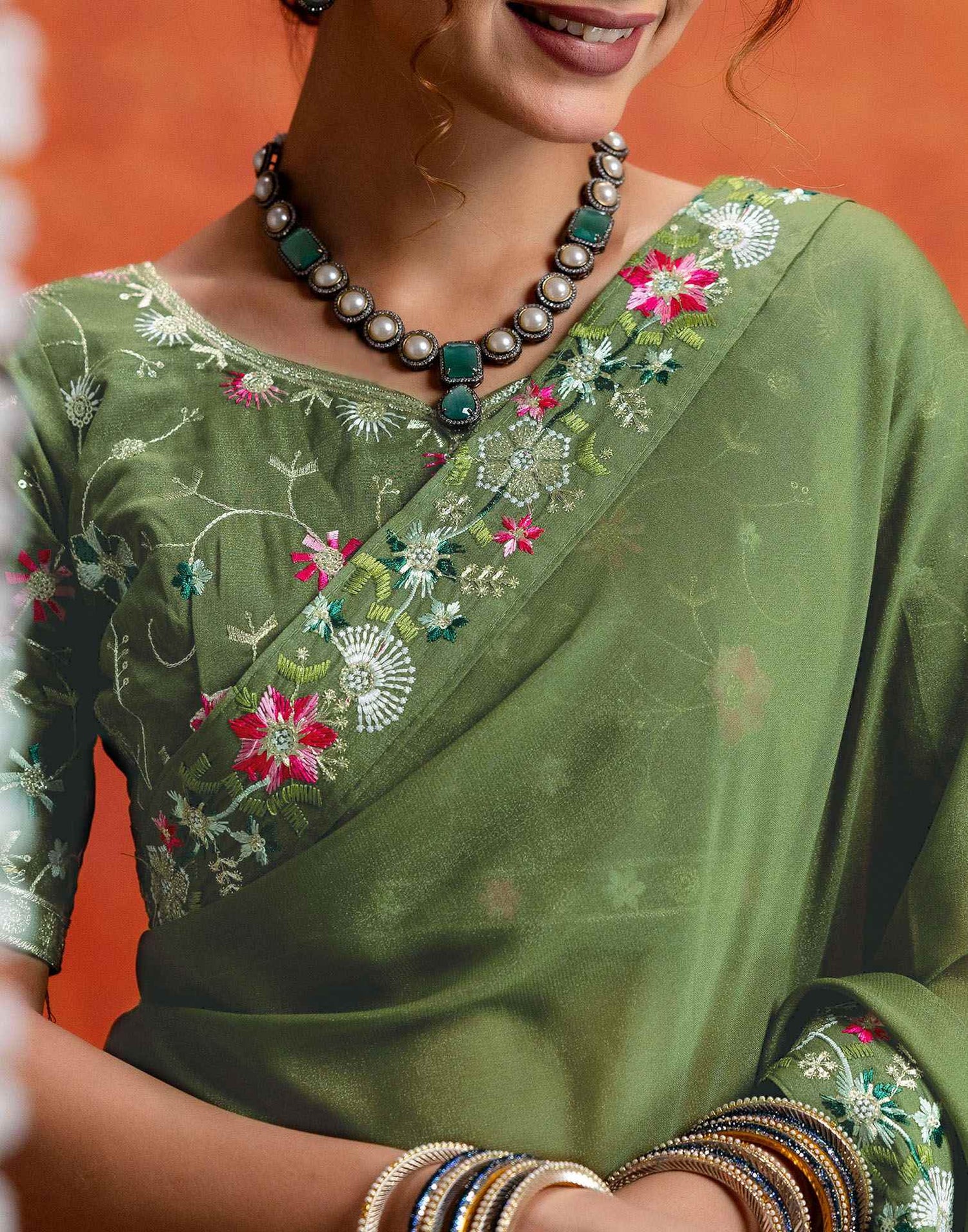 Pista Green Shimmer Embroidery lace Saree