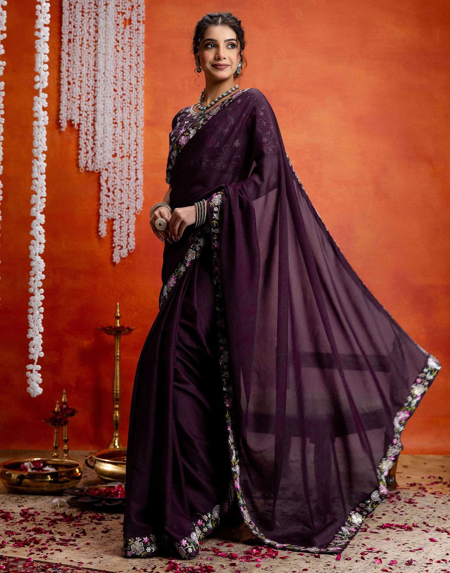 Wine Shimmer Embroidery lace Saree