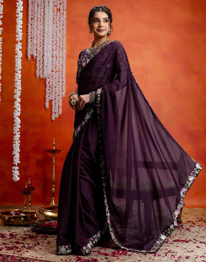 Wine Shimmer Embroidery lace Saree