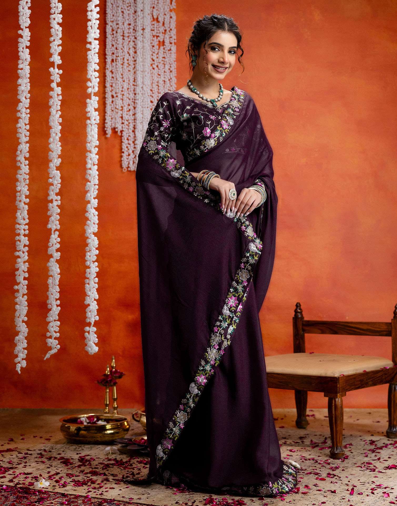 Wine Shimmer Embroidery lace Saree