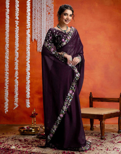 Wine Shimmer Embroidery lace Saree