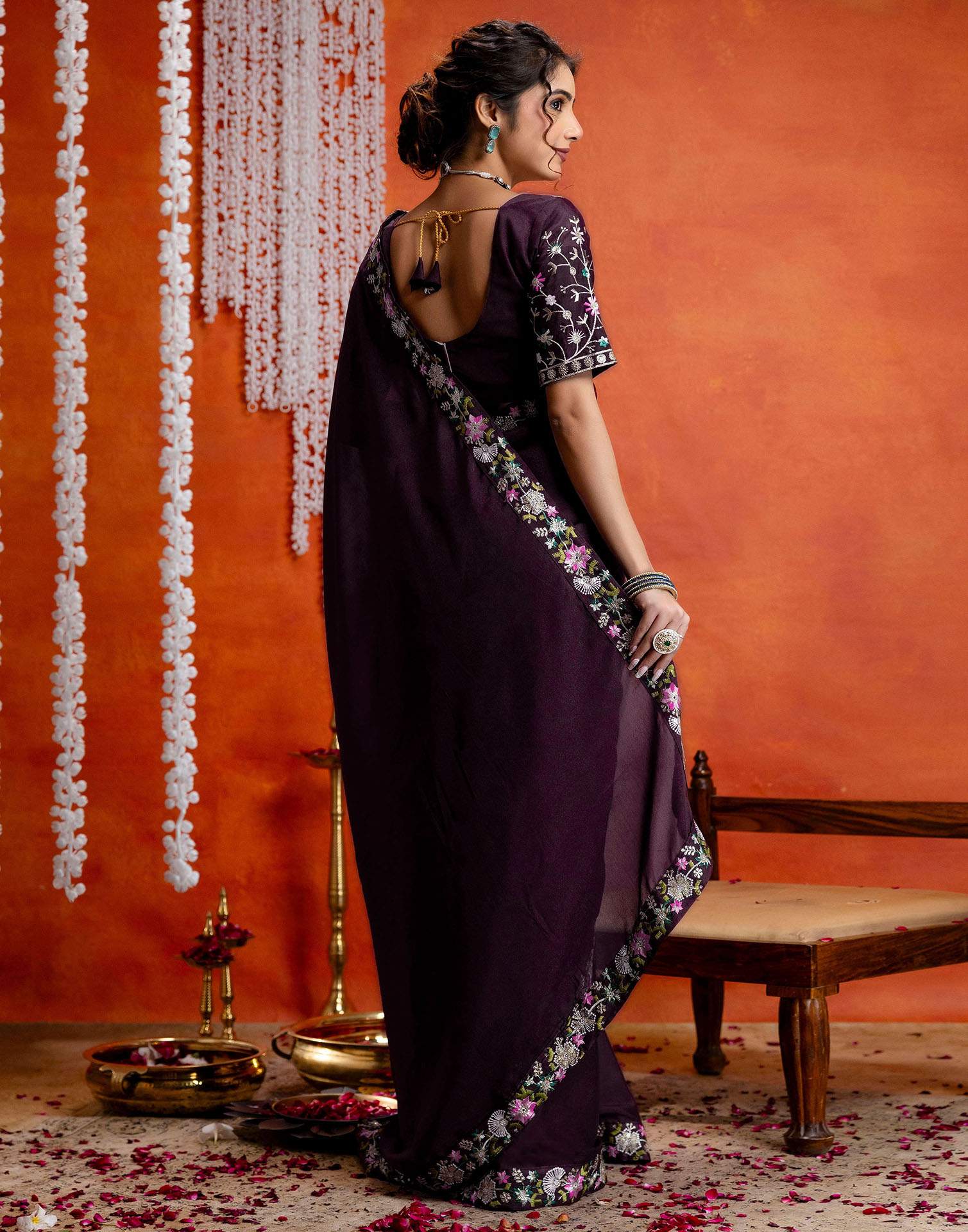 Wine Shimmer Embroidery lace Saree