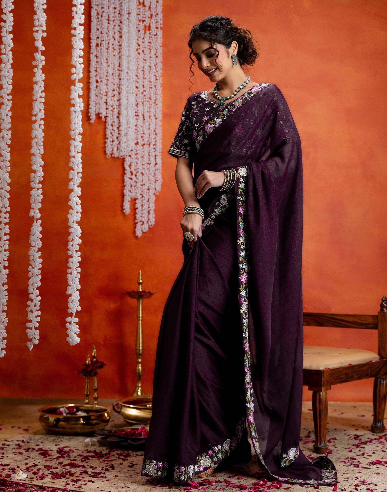 Wine Shimmer Embroidery lace Saree