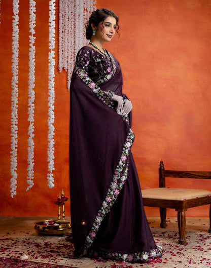 Wine Shimmer Embroidery lace Saree