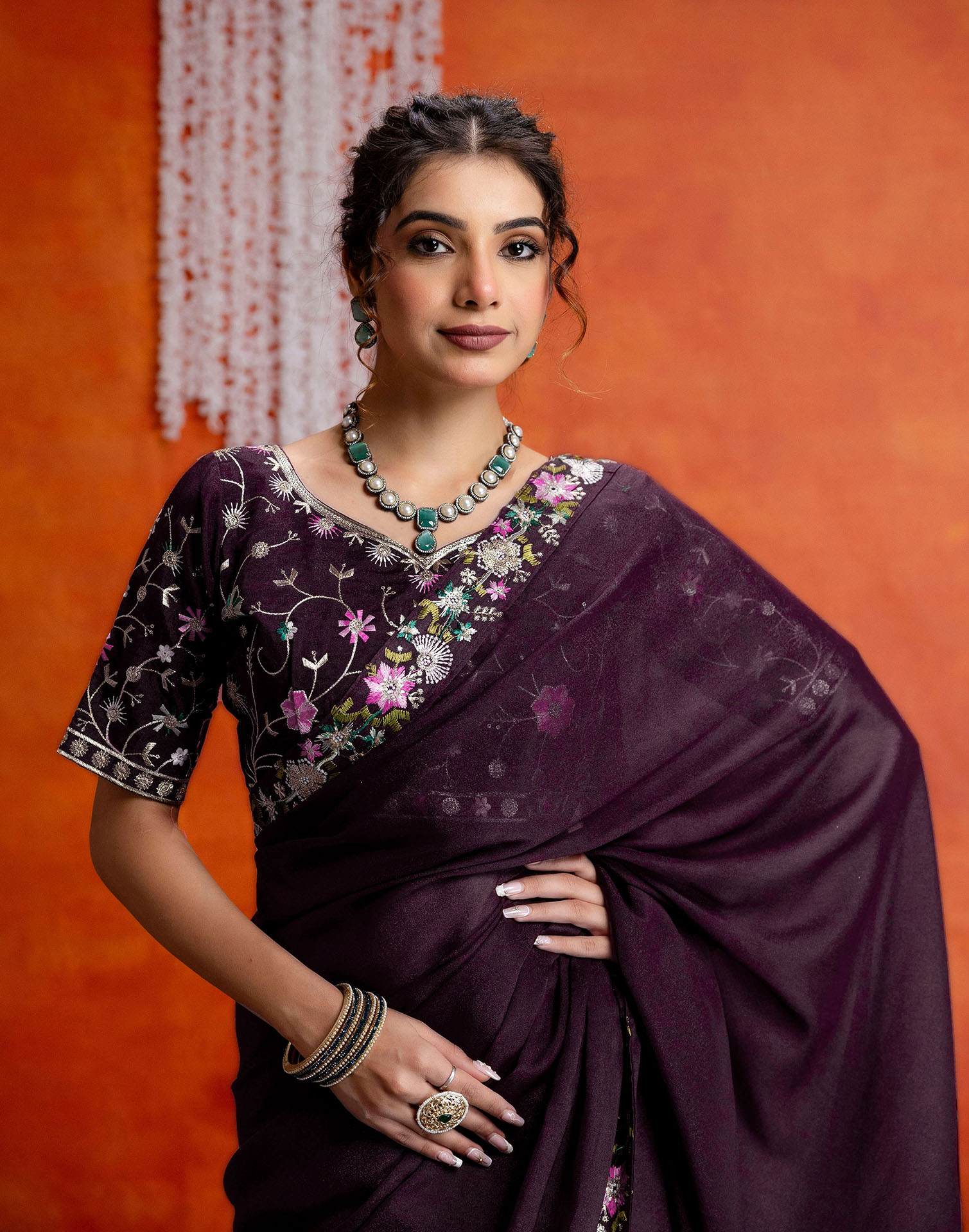 Wine Shimmer Embroidery lace Saree