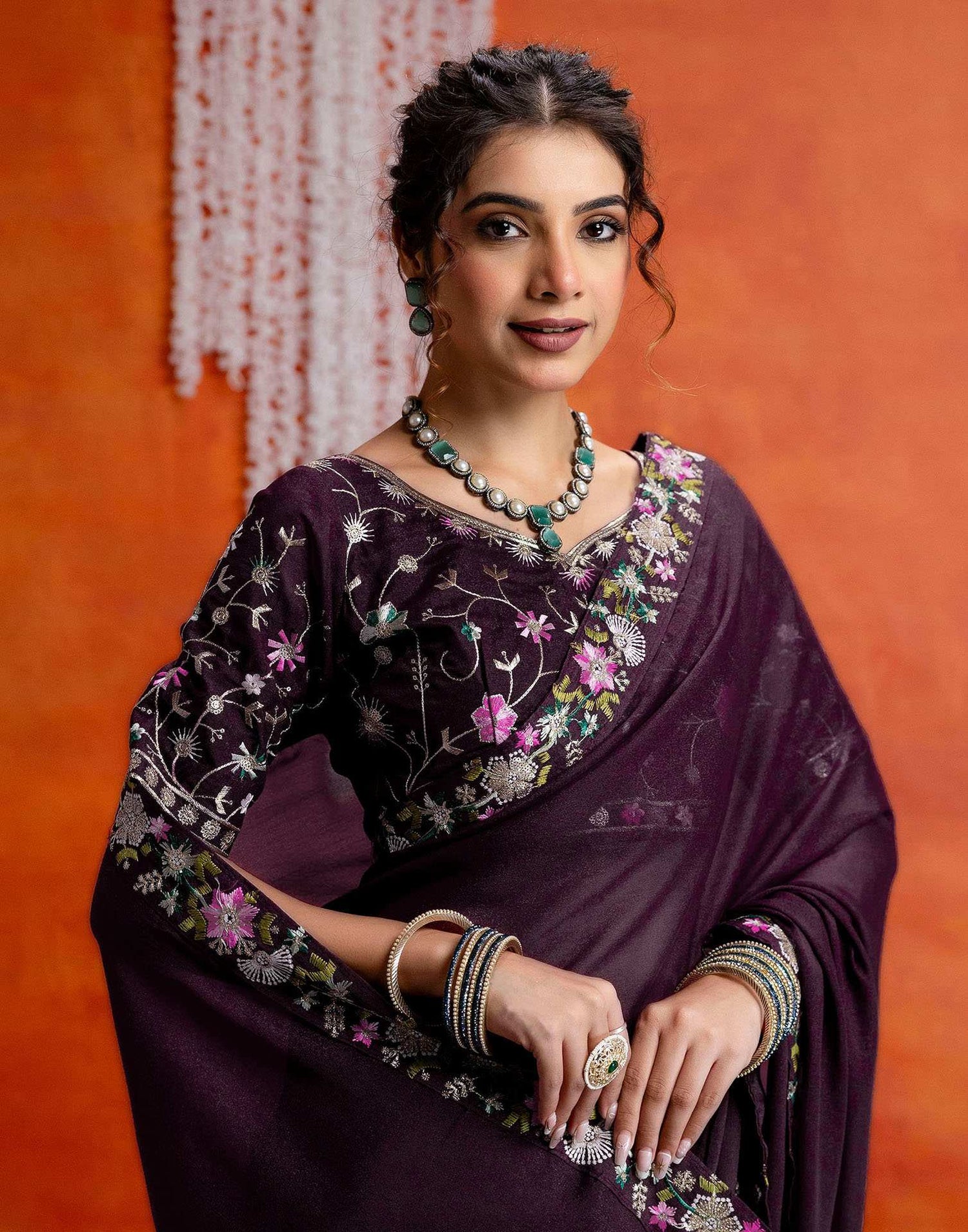 Wine Shimmer Embroidery lace Saree