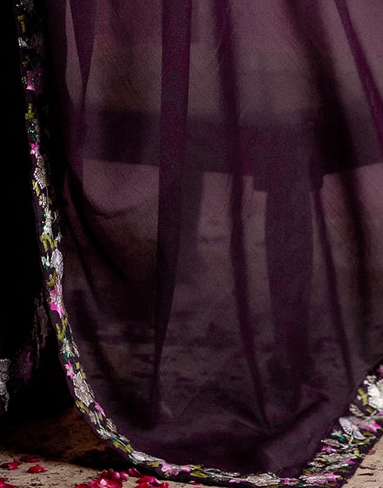 Wine Shimmer Embroidery lace Saree