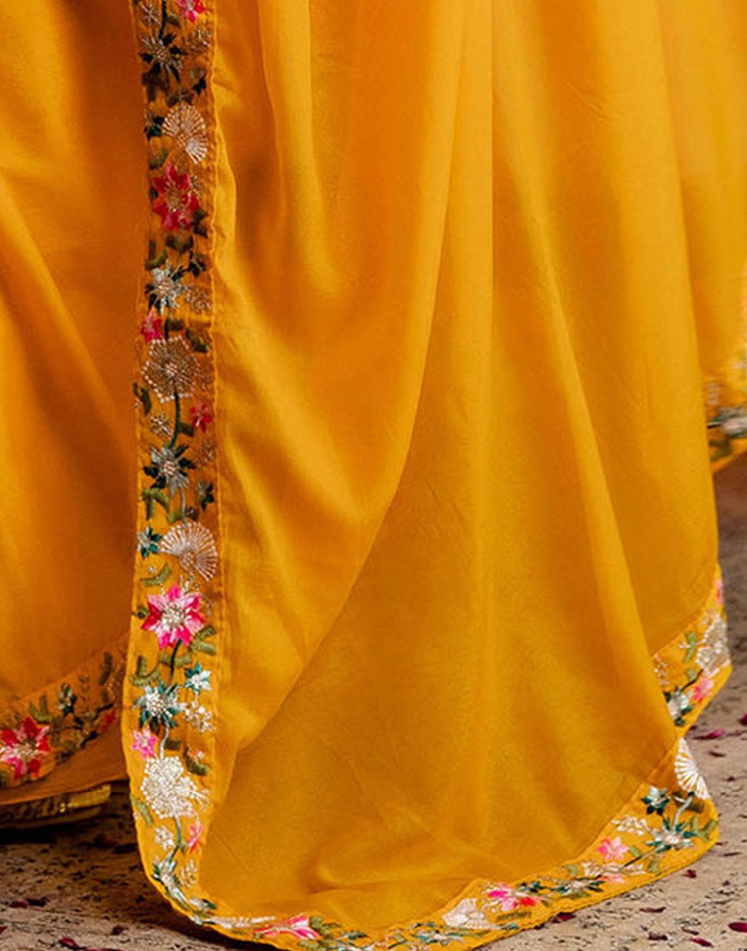 Yellow Shimmer Embroidery lace Saree