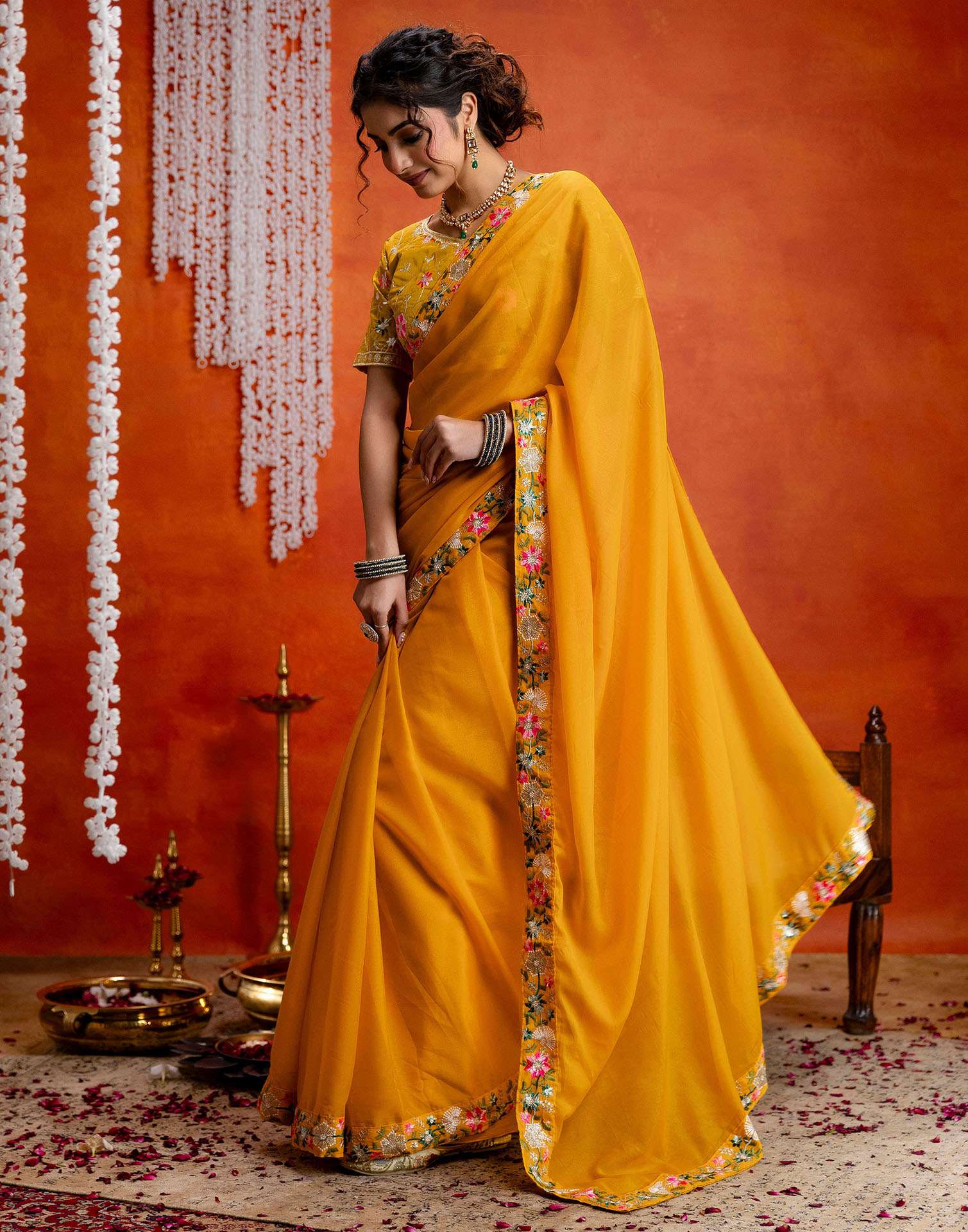 Yellow Shimmer Embroidery lace Saree