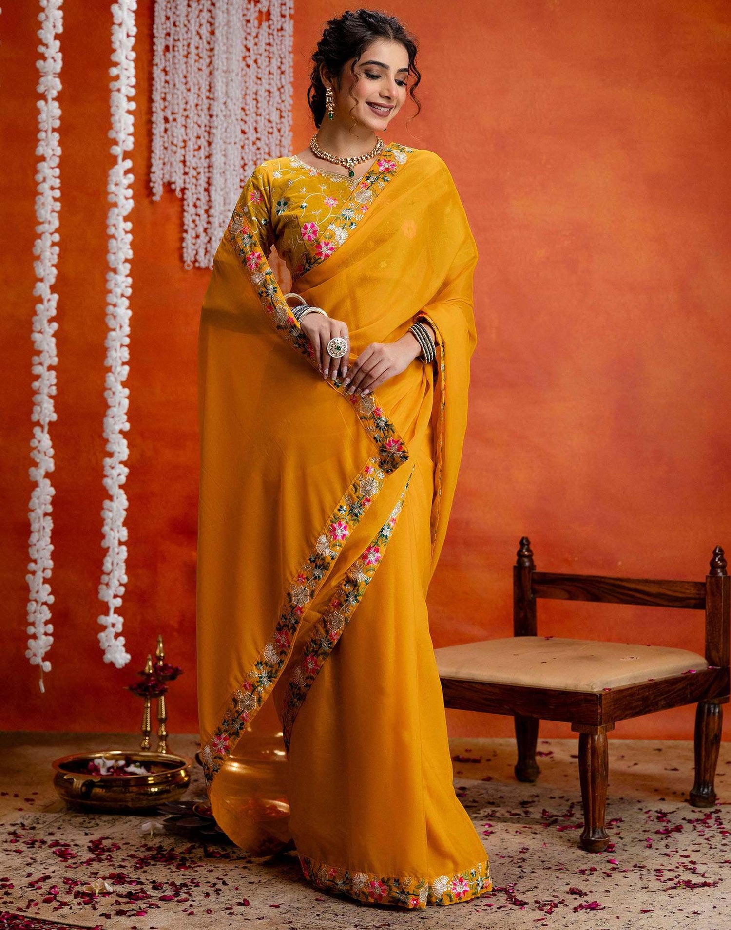 Yellow Shimmer Embroidery lace Saree