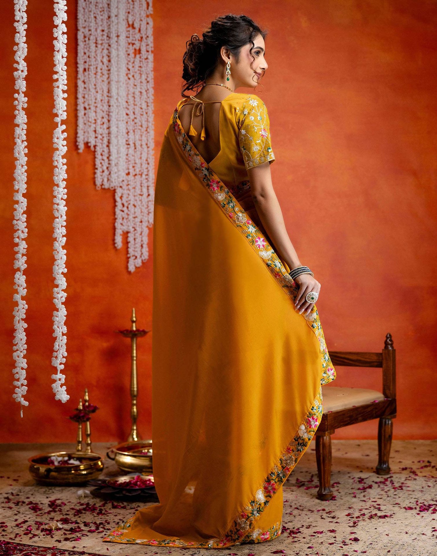Yellow Shimmer Embroidery lace Saree